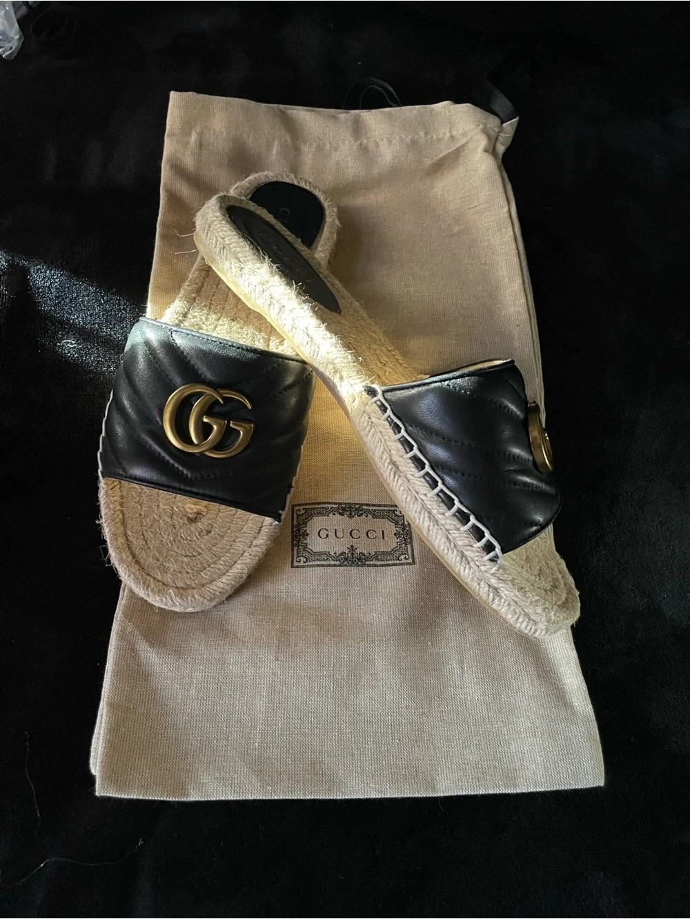 Gucci Black Leather Espadrille Slides with Gold GG